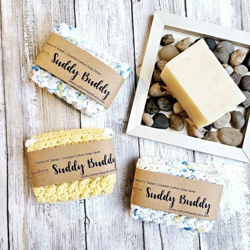 3 Suddy Buddy Soap Savers- Cotton N' Kandi, Handmade Crochet
